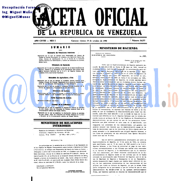 Gaceta Oficial 34577 del 19 Octubre 1990