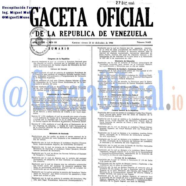 Gaceta Oficial 34621 del 21 Diciembre 1990