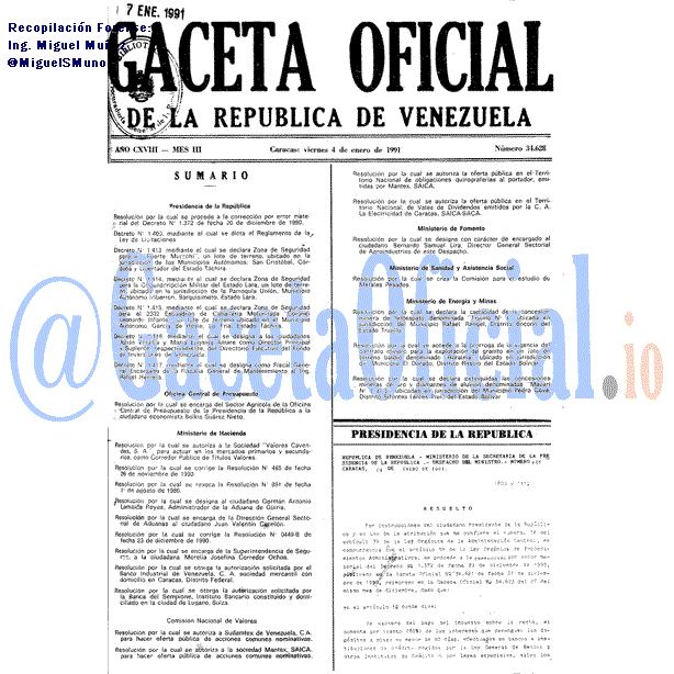 Gaceta Oficial 34628 del 4 Enero 1991