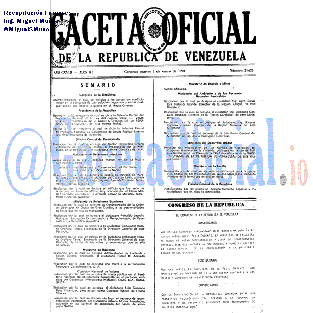Gaceta Oficial 34630 del 8 Enero 1991