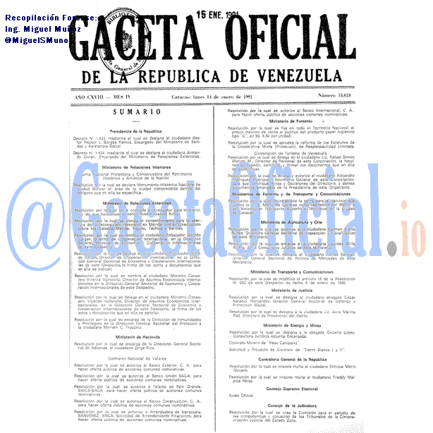 Gaceta Oficial 34634 del 14 Enero 1991