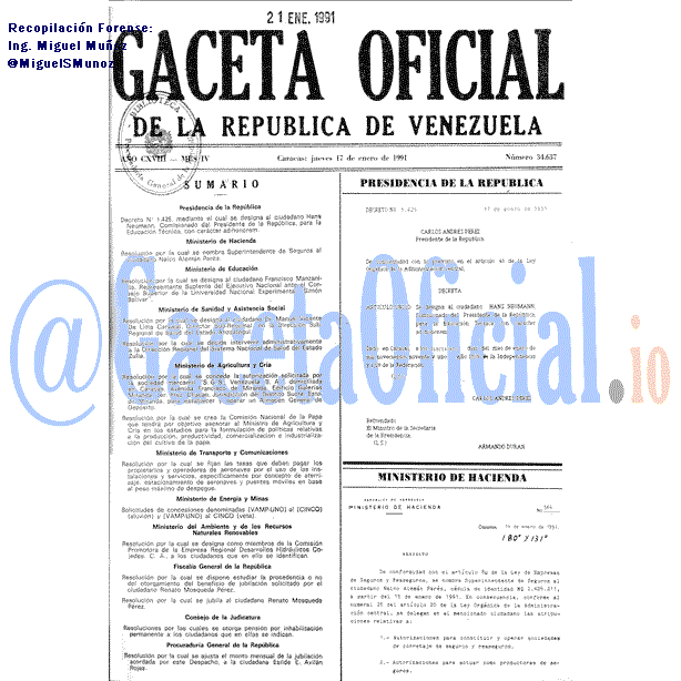 Gaceta Oficial 34637 del 17 Enero 1991