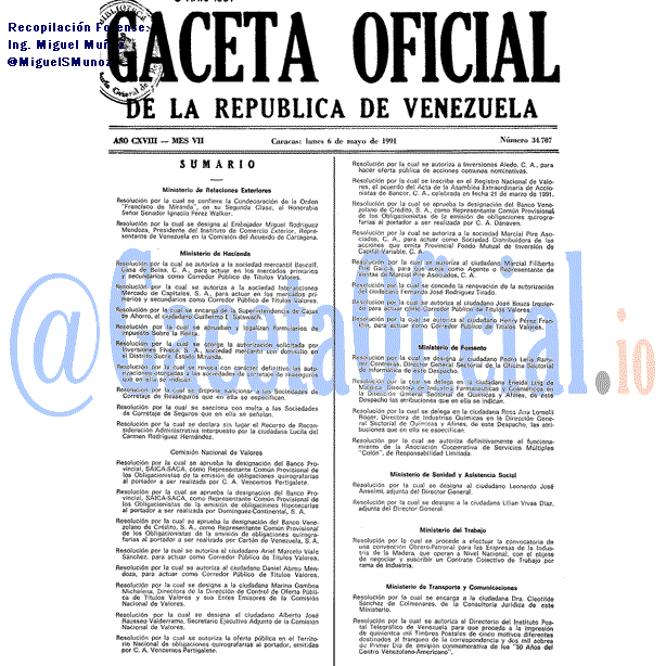 Gaceta Oficial 34707 del 6 Mayo 1991