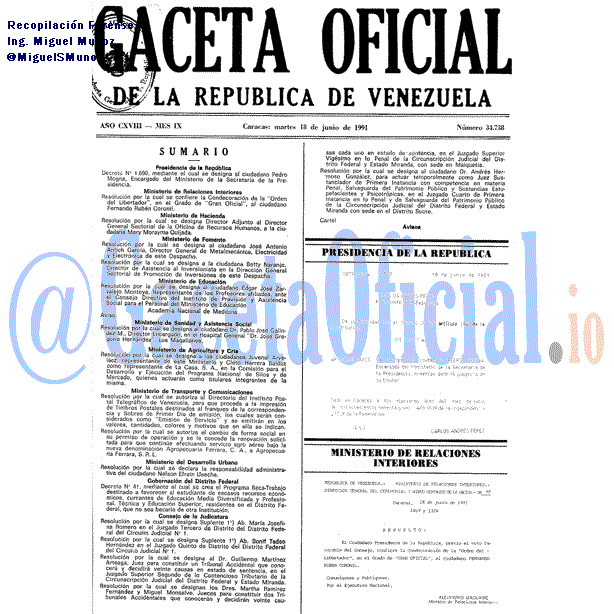 Gaceta Oficial 34738 del 18 Junio 1991