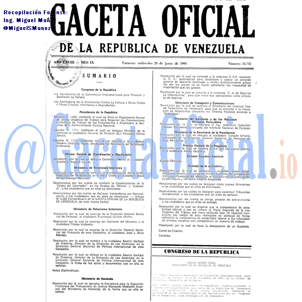 Gaceta Oficial 34743 del 26 Junio 1991