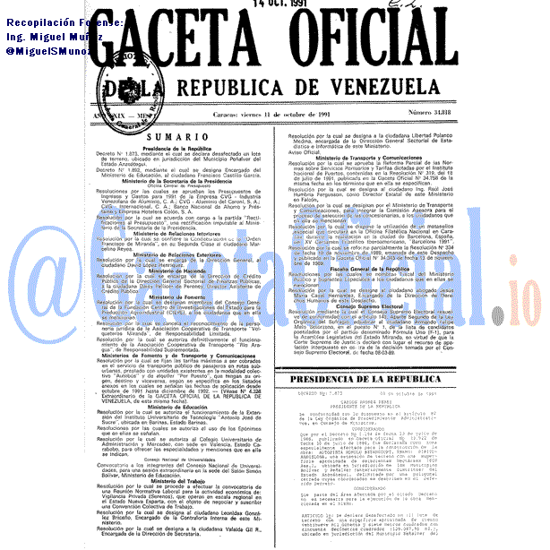 Gaceta Oficial 34818 del 11 Octubre 1991