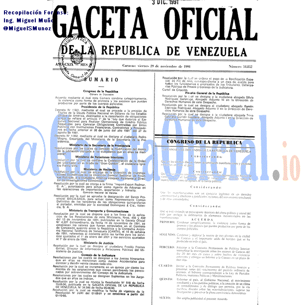 Gaceta Oficial 34852 del 29 Noviembre 1991
