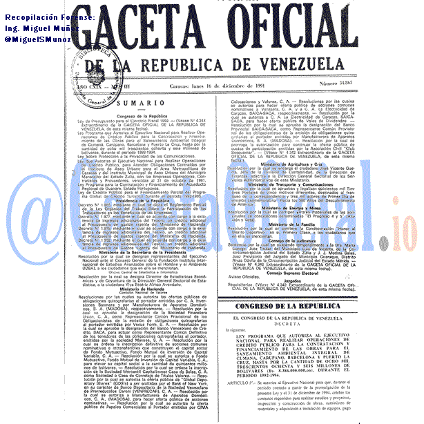 Gaceta Oficial 34863 del 16 Diciembre 1991