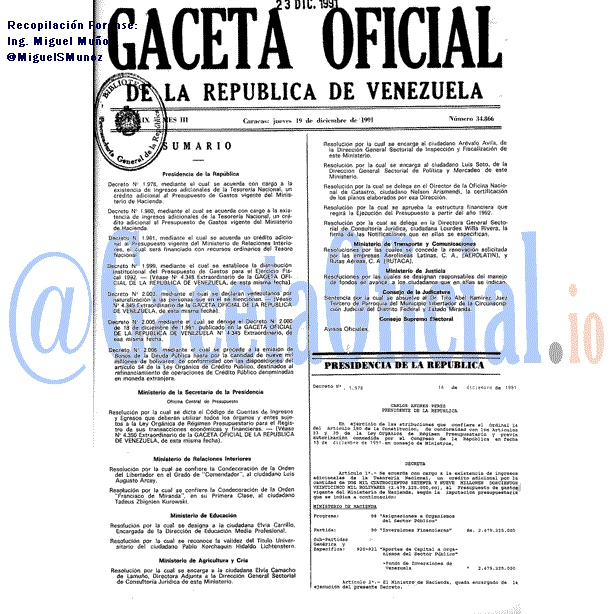 Gaceta Oficial 34866 del 19 Diciembre 1991