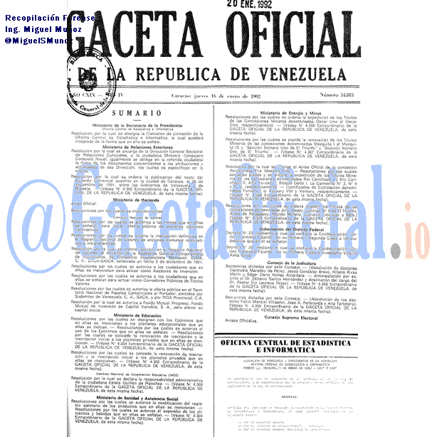 Gaceta Oficial 34883 del 16 Enero 1992