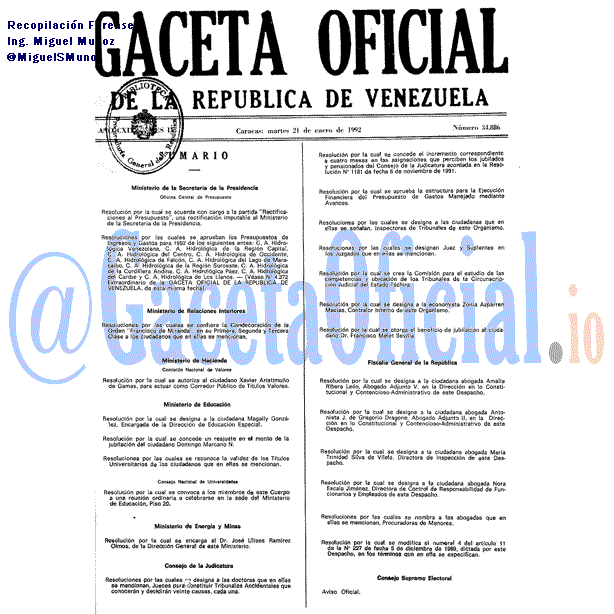 Gaceta Oficial 34886 del 21 Enero 1992