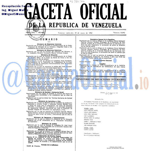 Gaceta Oficial 34892 del 29 Enero 1992