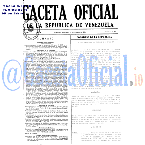 Gaceta Oficial 34902 del 12 Febrero 1992