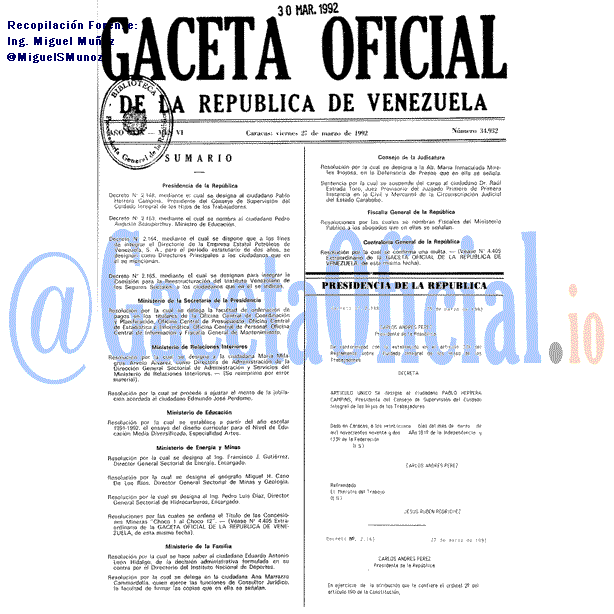 Gaceta Oficial 34932 del 27 Marzo 1992