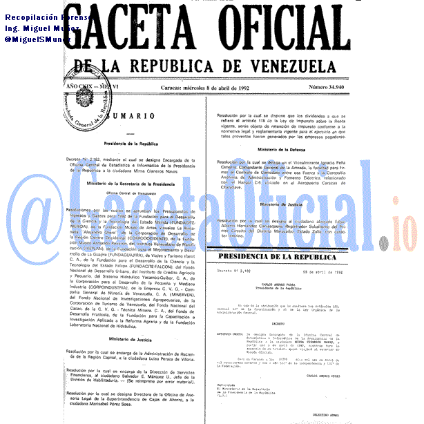 Gaceta Oficial 34940 del 8 Abril 1992