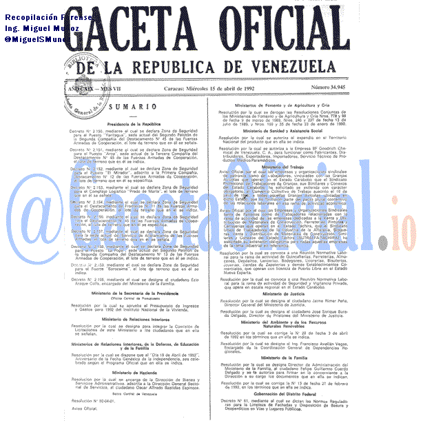 Gaceta Oficial 34945 del 15 Abril 1992