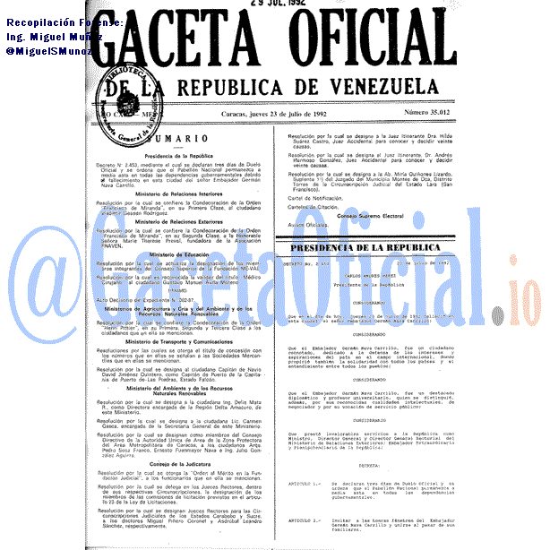 Gaceta Oficial 35012 del 23 Julio 1992
