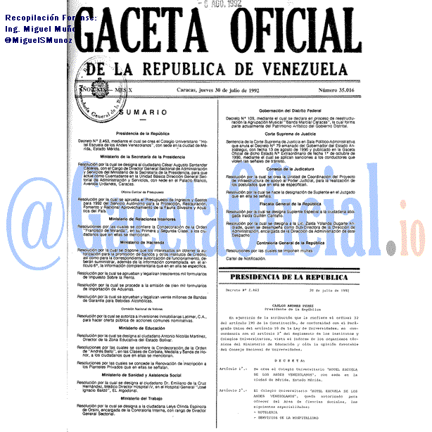Gaceta Oficial 35016 del 30 Julio 1992