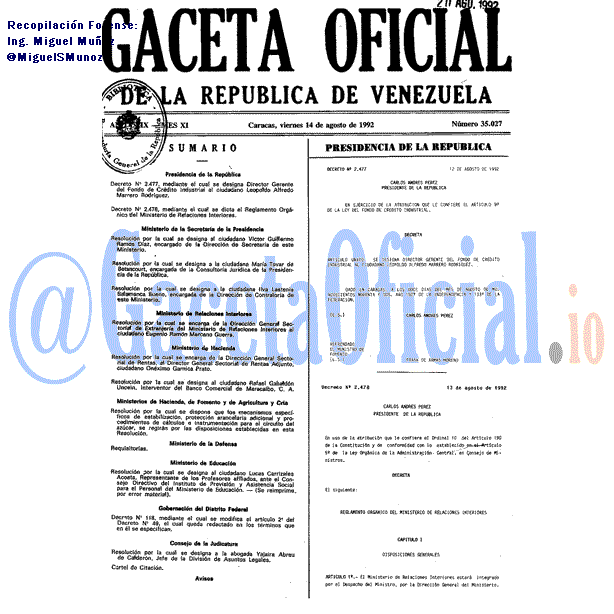Gaceta Oficial 35027 del 14 Agosto 1992