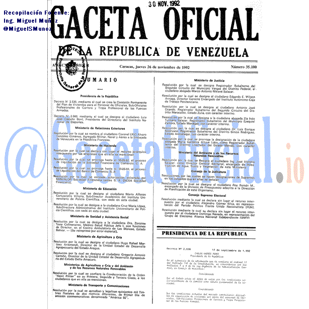 Gaceta Oficial 35100 del 26 Noviembre 1992