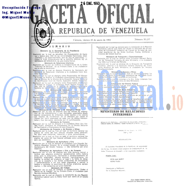 Gaceta Oficial 35137 del 22 Enero 1993