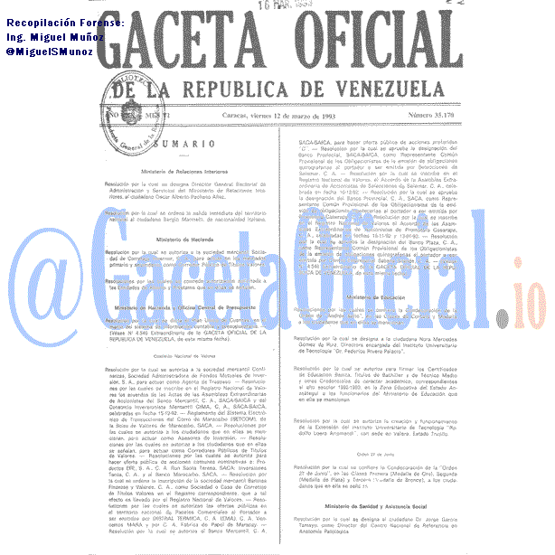 Gaceta Oficial 35170 del 12 Marzo 1993