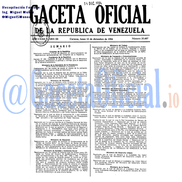 Gaceta Oficial 35607 del 12 Diciembre 1994