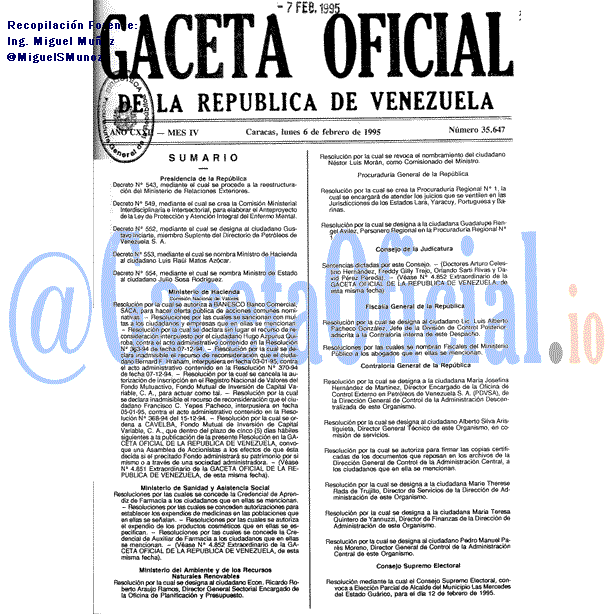 Gaceta Oficial 35647 del 6 Febrero 1995