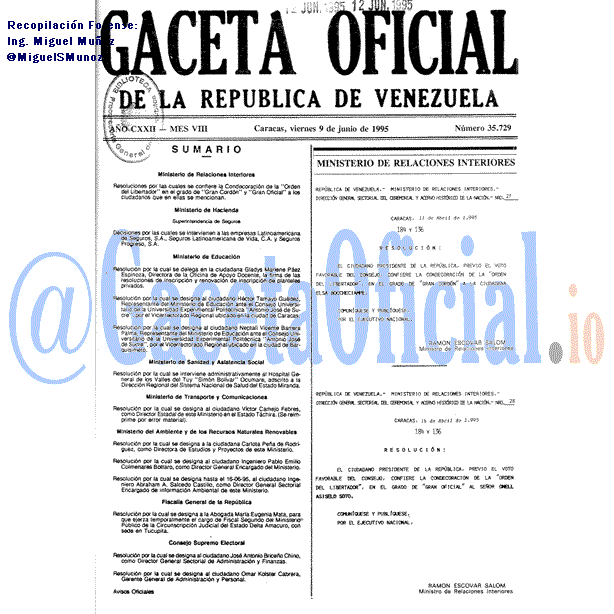 Gaceta Oficial 35729 del 9 Junio 1995