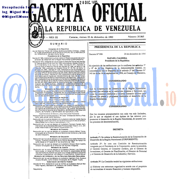 Gaceta Oficial 35865 del 22 Diciembre 1995