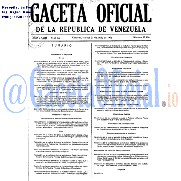 Gaceta Oficial 35986 del 21 Junio 1996