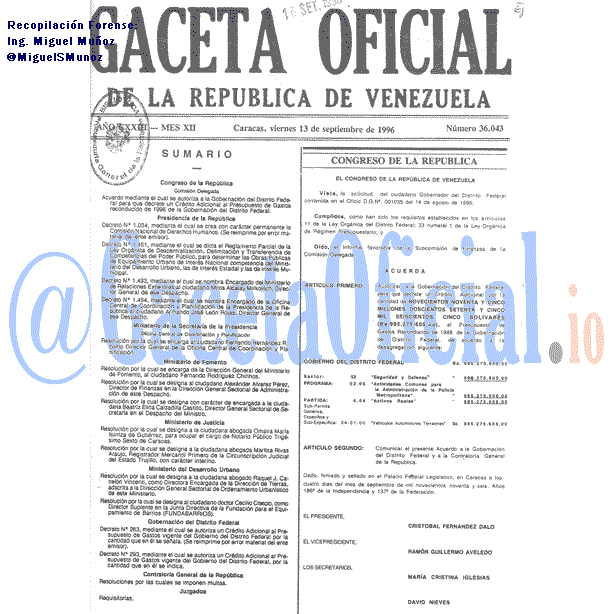 Gaceta Oficial 36043 del 13 Septiembre 1996