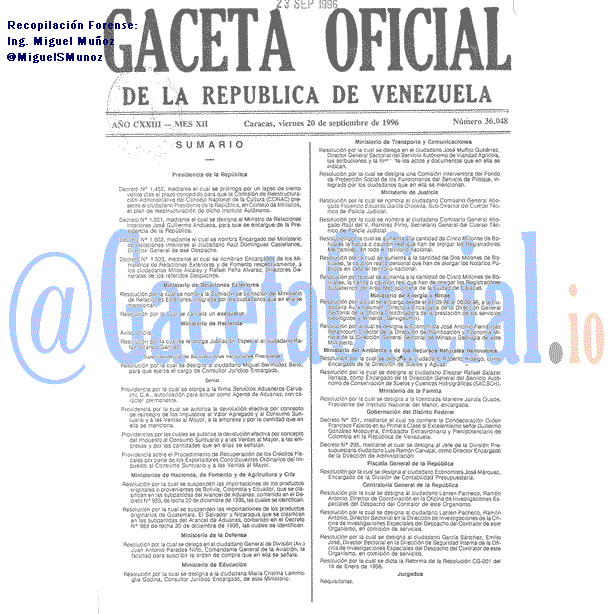 Gaceta Oficial 36048 del 20 Septiembre 1996