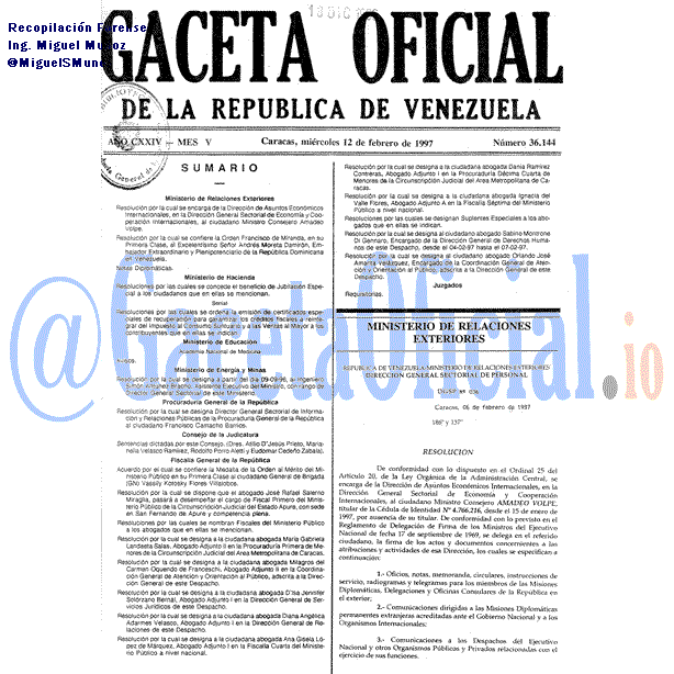 Gaceta Oficial 36144 del 12 Febrero 1997