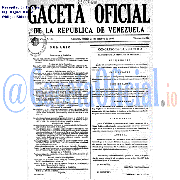 Gaceta Oficial 36317 del 21 Octubre 1997