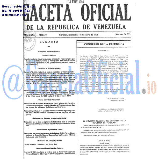 Gaceta Oficial 36373 del 14 Enero 1998