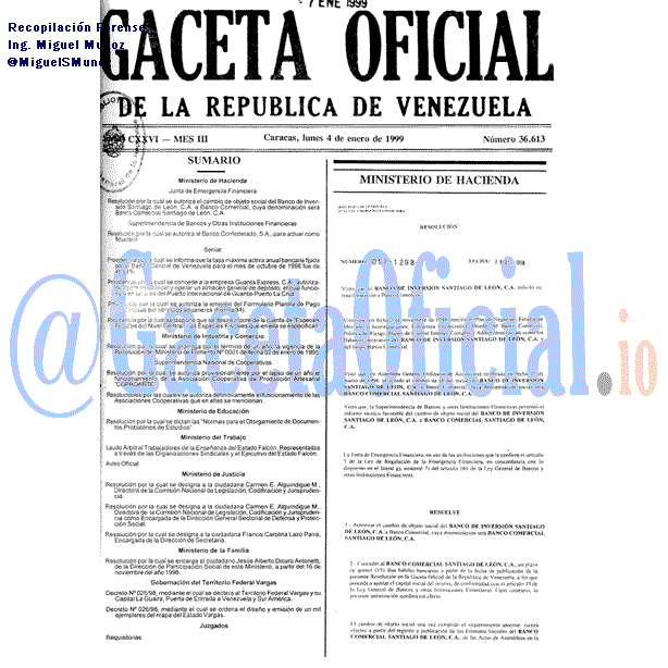Gaceta Oficial 36613 del 4 Enero 1999