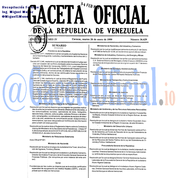 Gaceta Oficial 36629 del 26 Enero 1999
