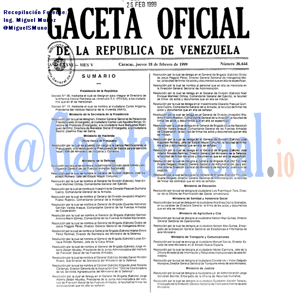 Gaceta Oficial 36644 del 18 Febrero 1999