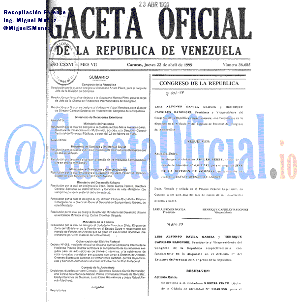 Gaceta Oficial 36685 del 22 Abril 1999