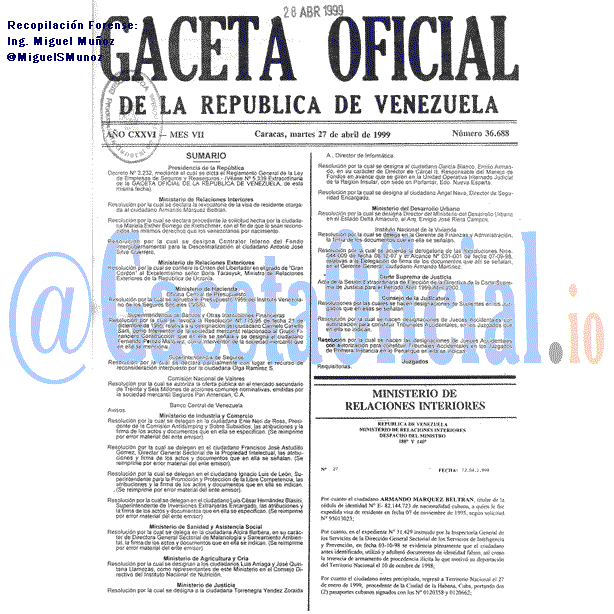 Gaceta Oficial 36688 del 27 Abril 1999