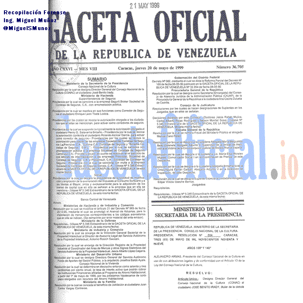 Gaceta Oficial 36705 del 20 Mayo 1999