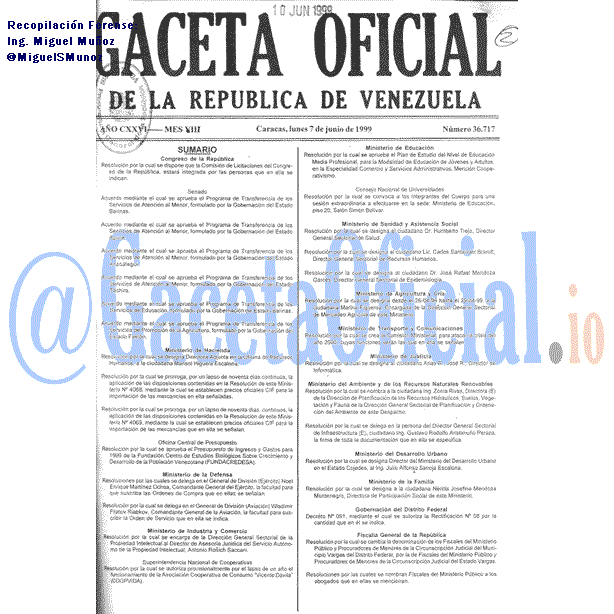 Gaceta Oficial 36717 del 7 Junio 1999