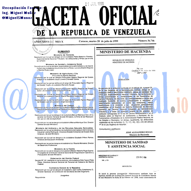 Gaceta Oficial 36746 del 20 Julio 1999