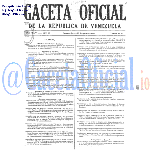 Gaceta Oficial 36768 del 19 Agosto 1999