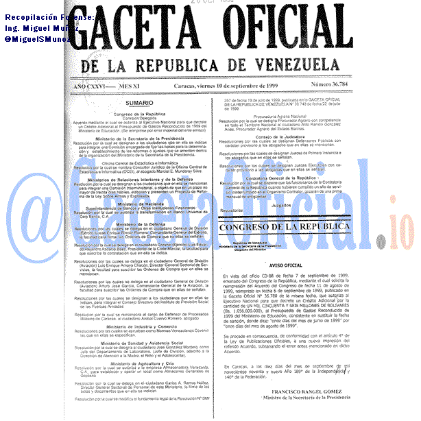 Gaceta Oficial 36784 del 10 Septiembre 1999
