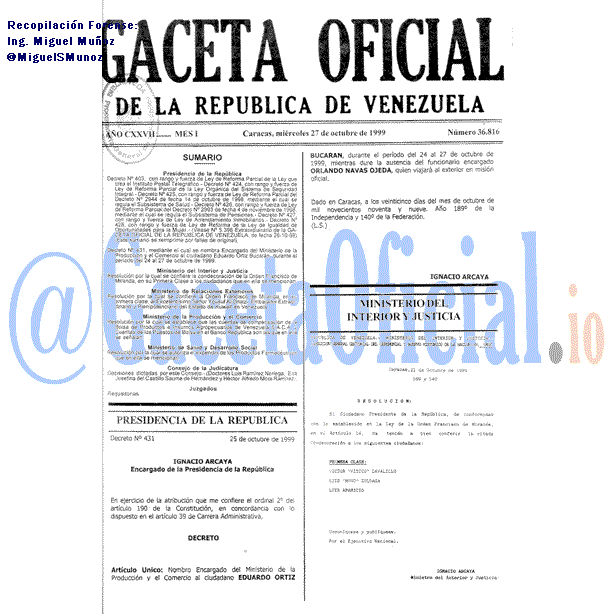 Gaceta Oficial 36816 del 27 Octubre 1999