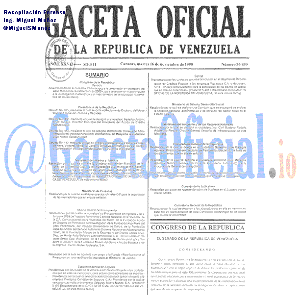 Gaceta Oficial 36830 del 16 Noviembre 1999