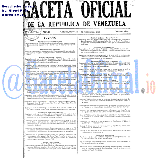 Gaceta Oficial 36841 del 1 Diciembre 1999