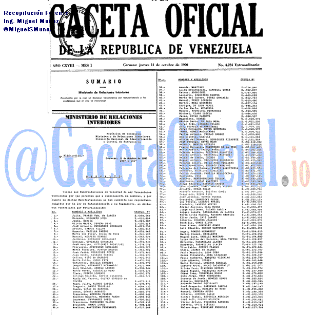 Gaceta Oficial 4224 del 11 Octubre 1990